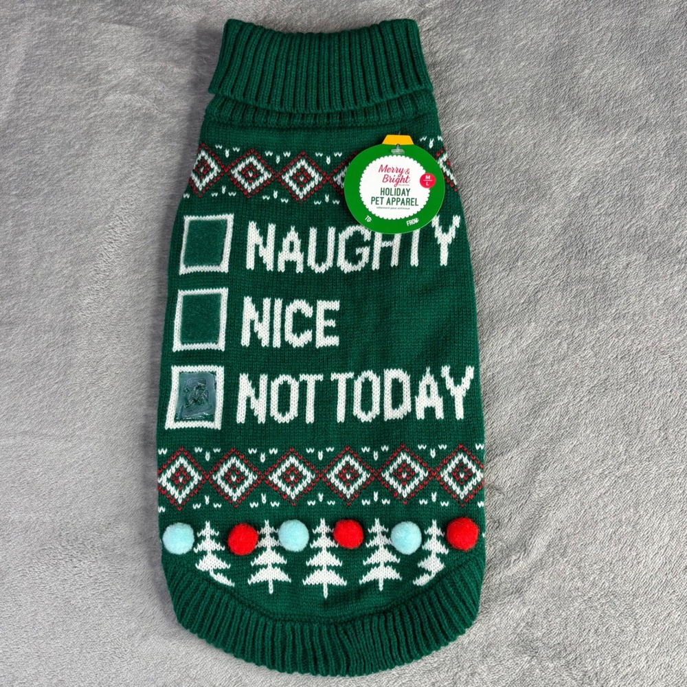 Merry & Bright Holiday Pet Sweater M/L Green Naughty Nice Not Today Pom Pom Knit